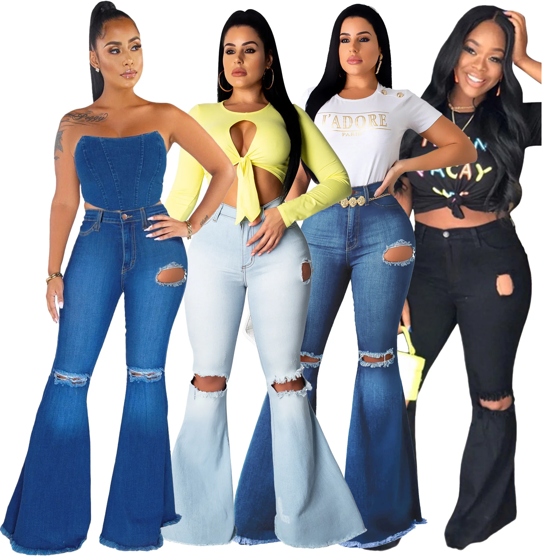 

New Arrivals Distressed Stretchy Blue Jean Pants For Women 2021 Flares High Waist Plus Size Jeans