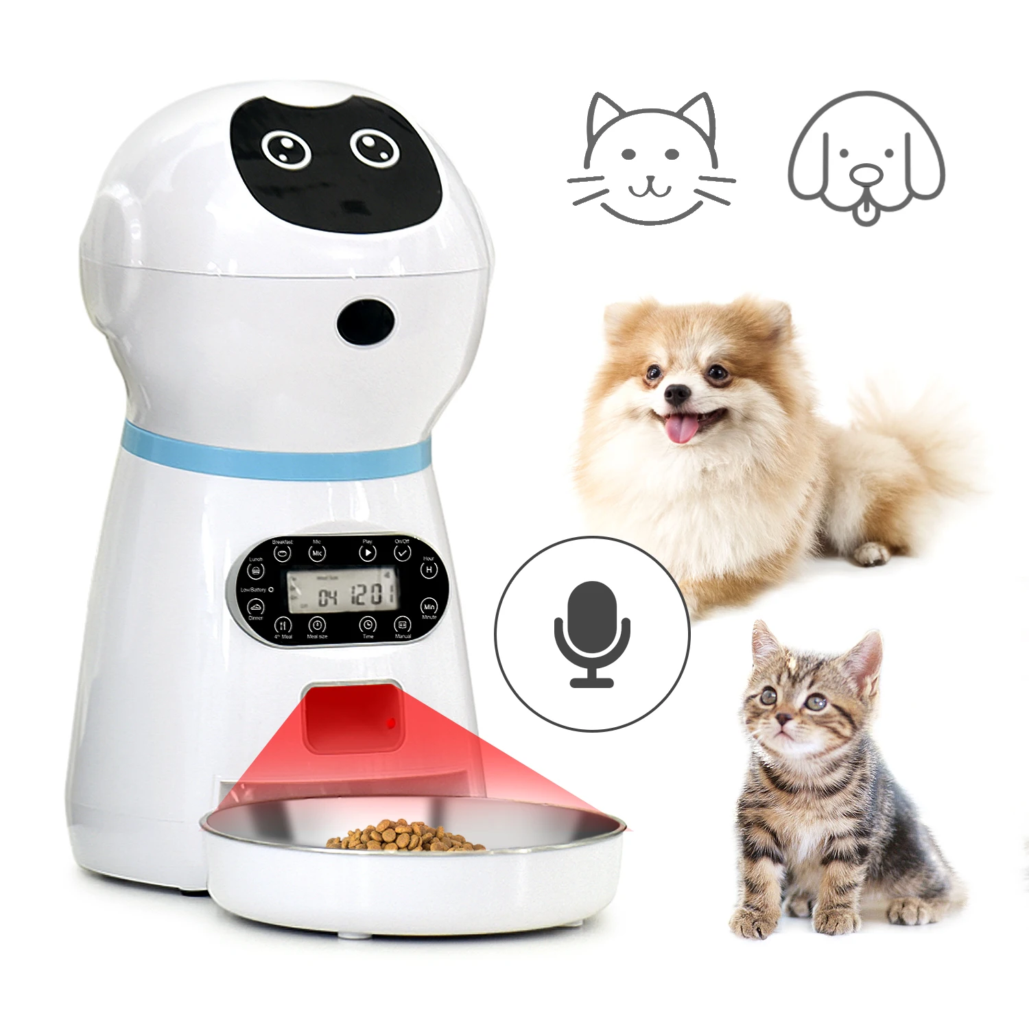 

RTS 118oz/3.L smart food robot shape Voice Recorder & Dual Power detachable pet feeder dropshipping