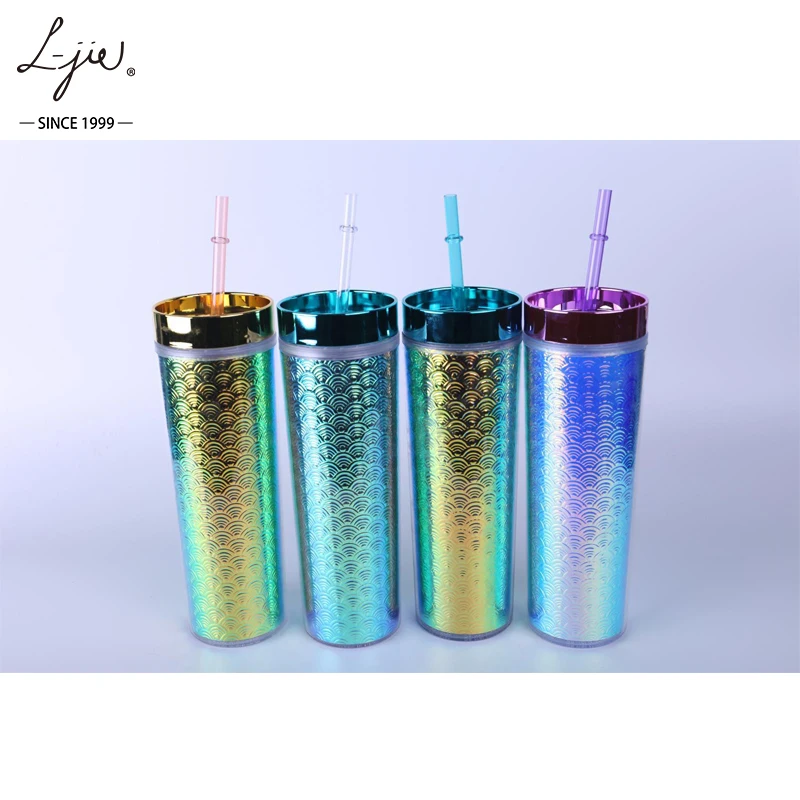 

16oz 500ml Unique Gradient Ramp Glitter Insulated Mermaid Acrylic Coffee Mugs and Cups with Lid and Straw