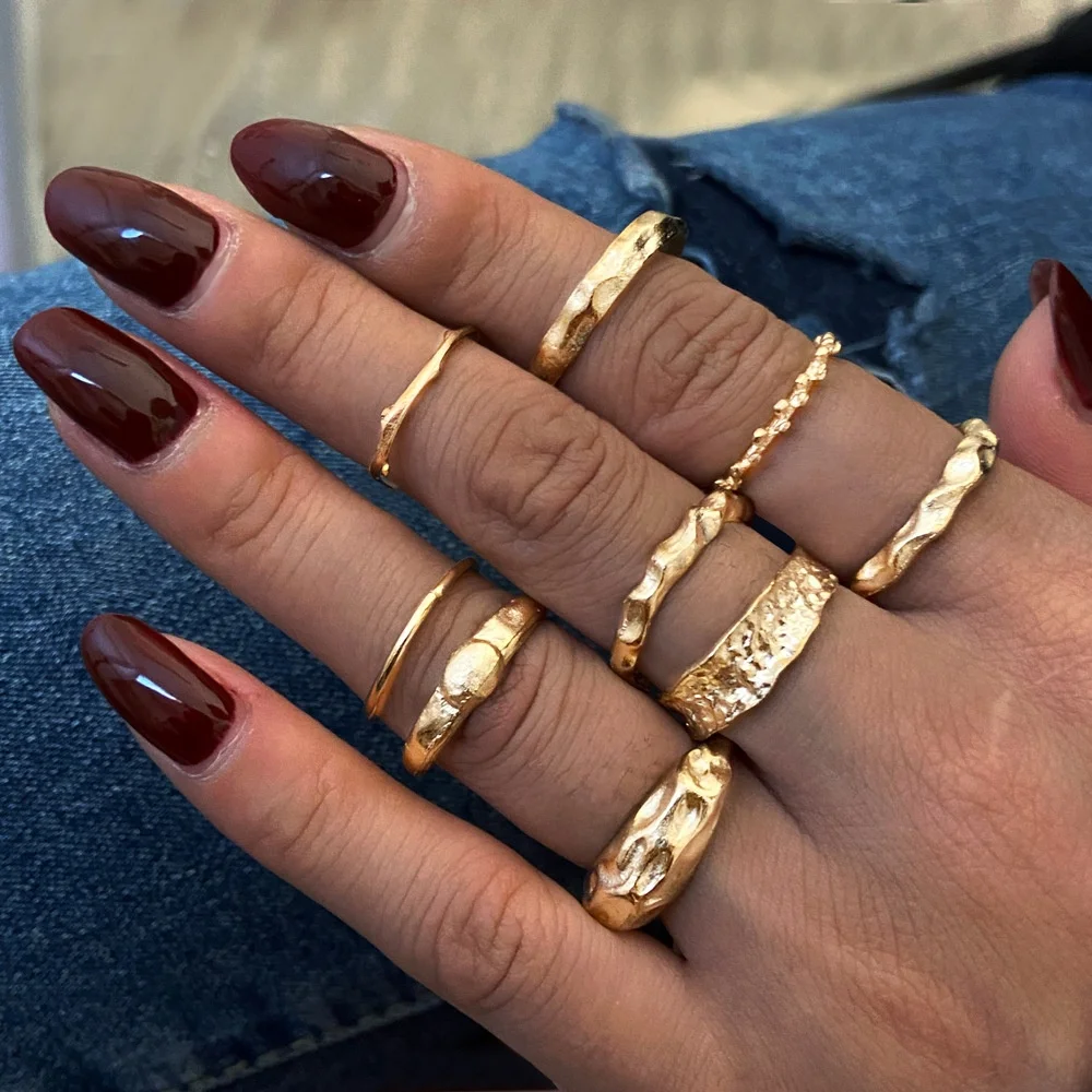 

12pcs Women's Personality punk metal irregular ring set, Gold