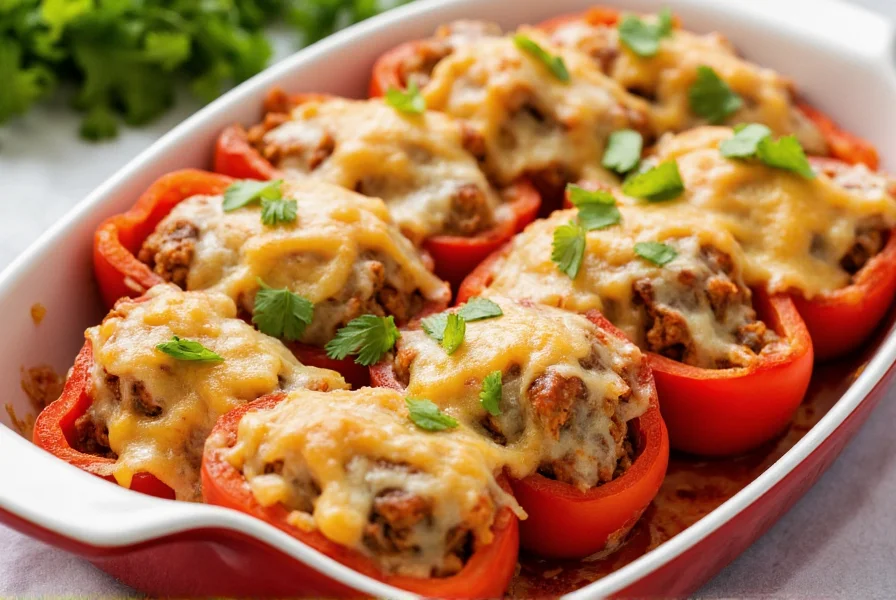 Baked stuffed banana peppers in a ceramic dish with melted cheese topping and fresh parsley garnish