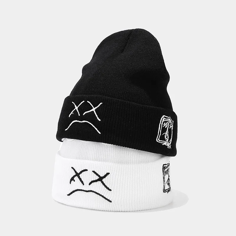 

Free shipping wholesale crying face embroidery warm outdoors cartoon beanie satin gear knitted hat