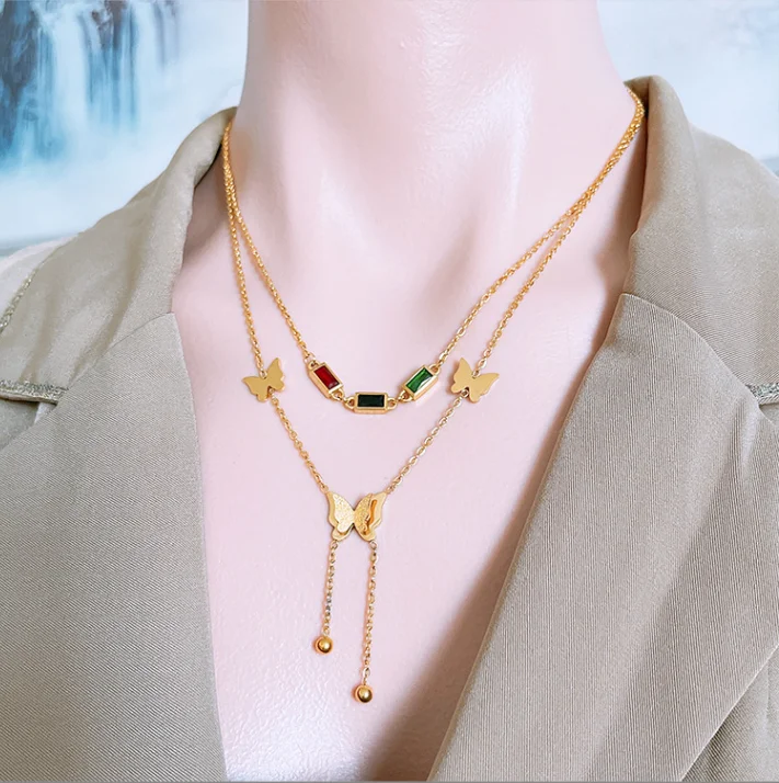 

Rectangular Colorful Zircon Diamond Double layer Necklace Frosted Butterfly Tassel Pendant Stainless Steel Necklace for women