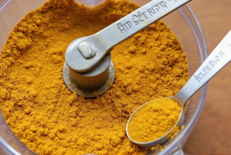 Homemade curry powder mixture in a spice grinder with measuring spoons showing precise measurements