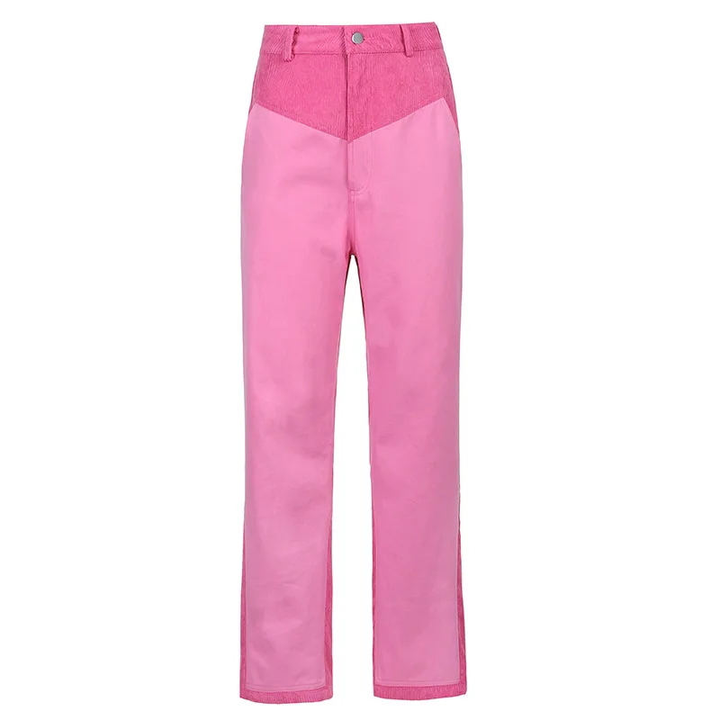 

Y2k Pink Corduroy Pants Women Patchwork Streetwear Women Trousers for Women Aesthetic High Waist Straight Pants, Blue brown gray green pink purple 1804