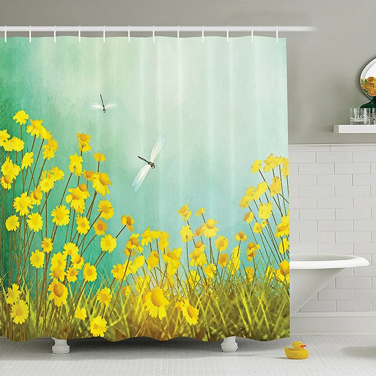 

OEM creative waterproof digital printed polyester fabric yellow flower shower curtains for bathroom, As picture or custom