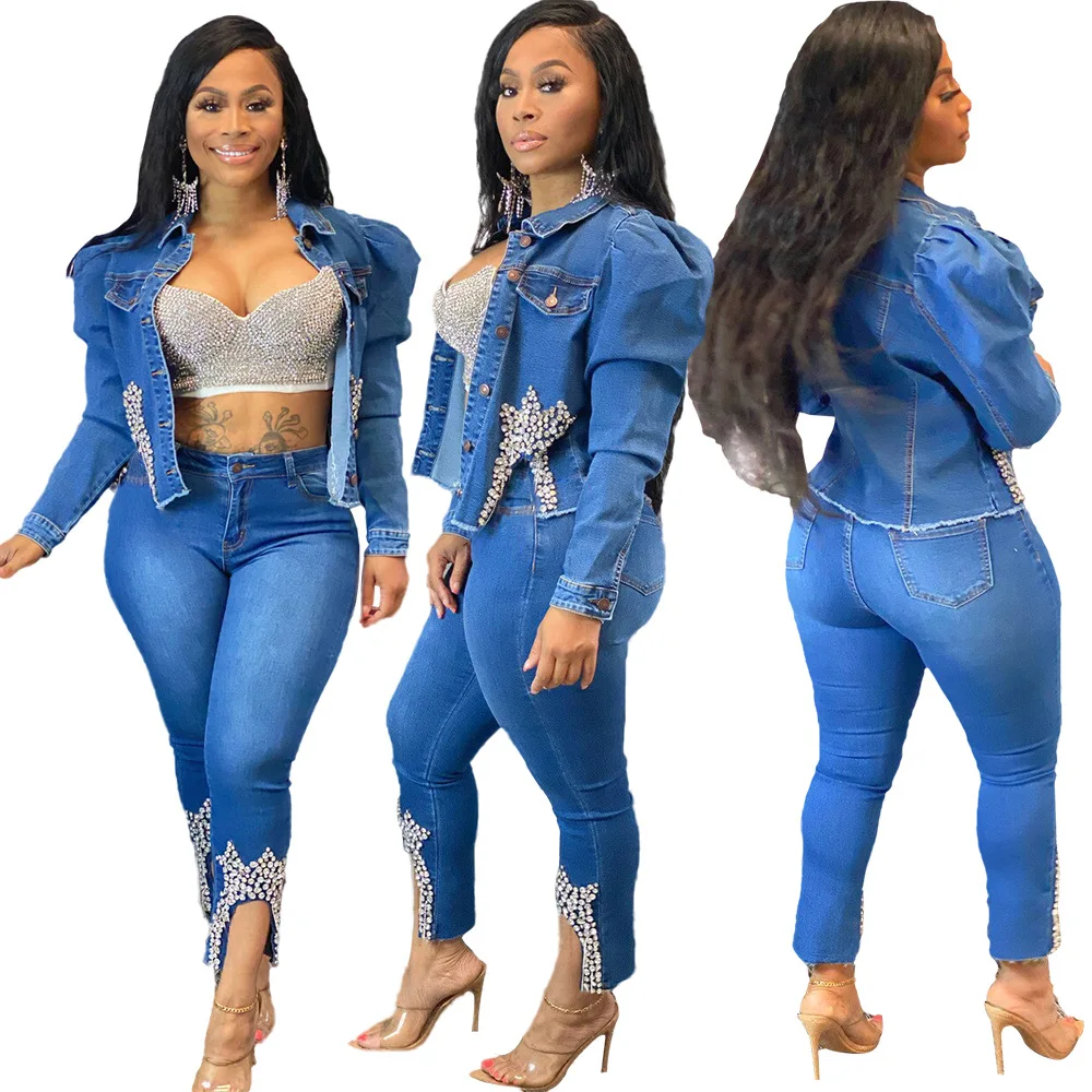 

wholesale 2020 winter Coat beaded crown Long sleeve denim jacket women, Blue jeans