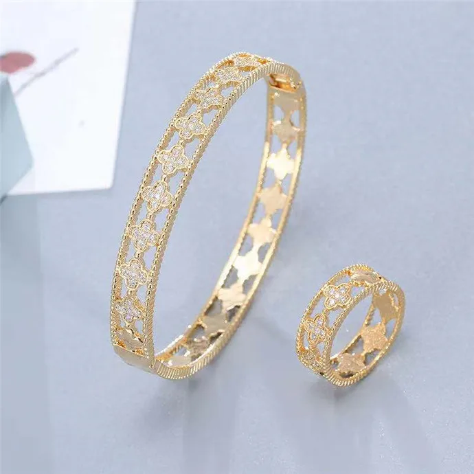 

luckyee - Zircon gold plated bracelet with sweet four-leaf clover fashion bracelets ring set