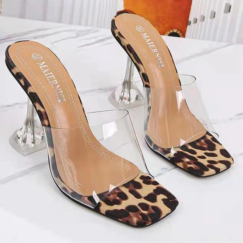 

The New Plus Size Stiletto Ladies Sandals Mules High Heel Womens Shoes Leopard Clear Flat Sandal Women