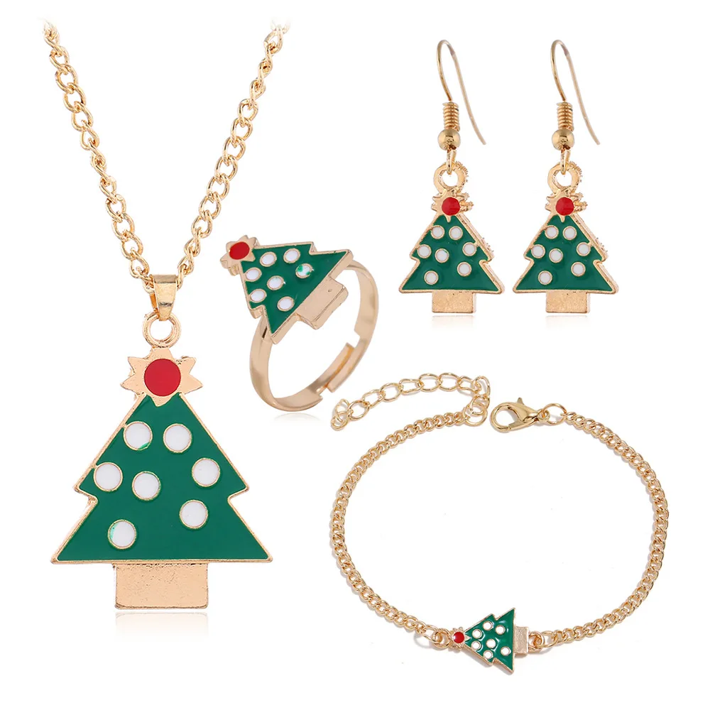 

Christmas decorations cartoon earrings necklace ring bracelet 4-piece Christmas tree set, Picture