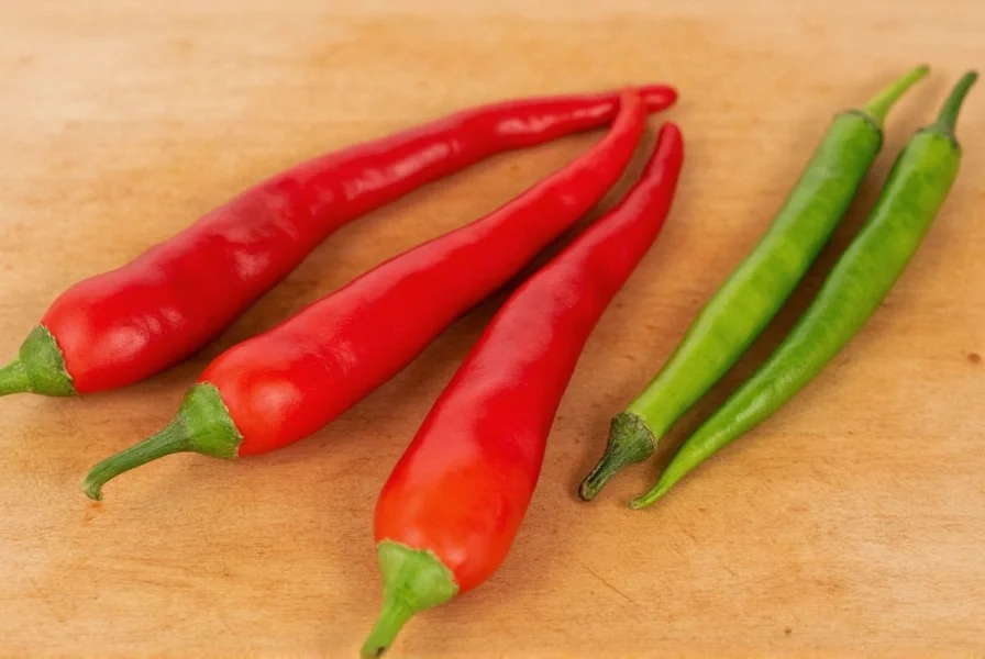 Close-up comparison of Thai bird's eye chilies, cayenne peppers, and pequins on wooden cutting board