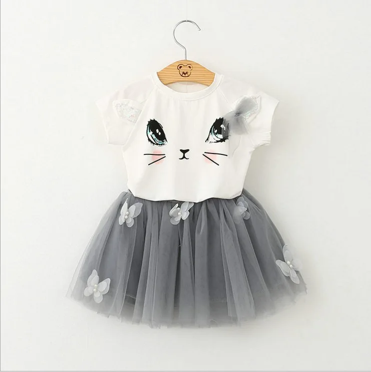 

Popular Baby Girls Short Sleeve Cartoon Kitten Tops with Net Veil print butterfly Skirts Summer Kids Fasion Clothes 2Pcs