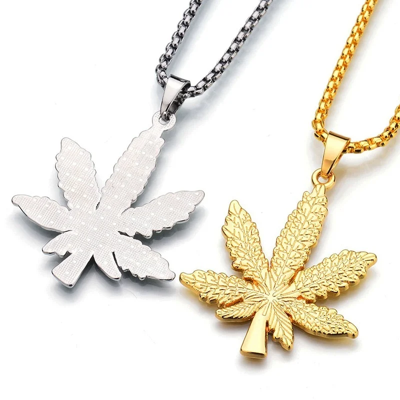 

Fashionable 24K Gold Plated Weed Herb Leaf Charm Punk Necklace and Wheat Chain HipHop Pot