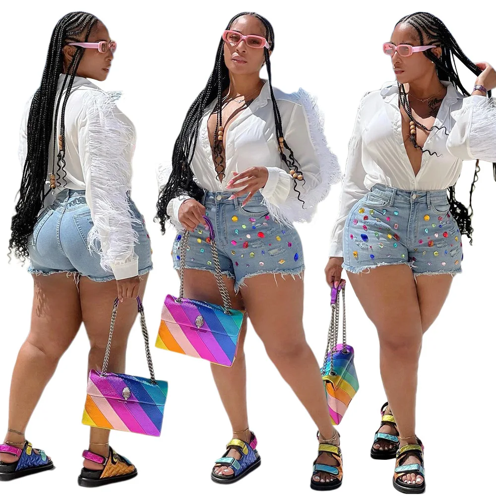 

2022 Explosive Models Summer Ladies Shorts Jeans Cut-off Colorful Rhinestone Decoration Casual Straight Women Denim Shorts