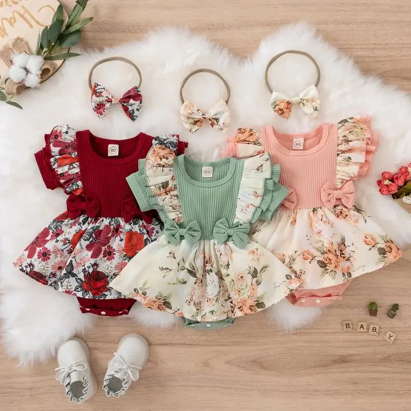 

trendy newborn baby clothing free hairband short sleeves floral trim bowknot applique infant toddlers girls dresses