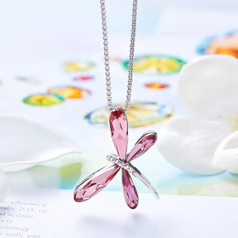 

New 2021 Wholesale Hot Sale dragonfly Pendant crystal women Jewelry custom necklace, Pink,blue,purple,silver