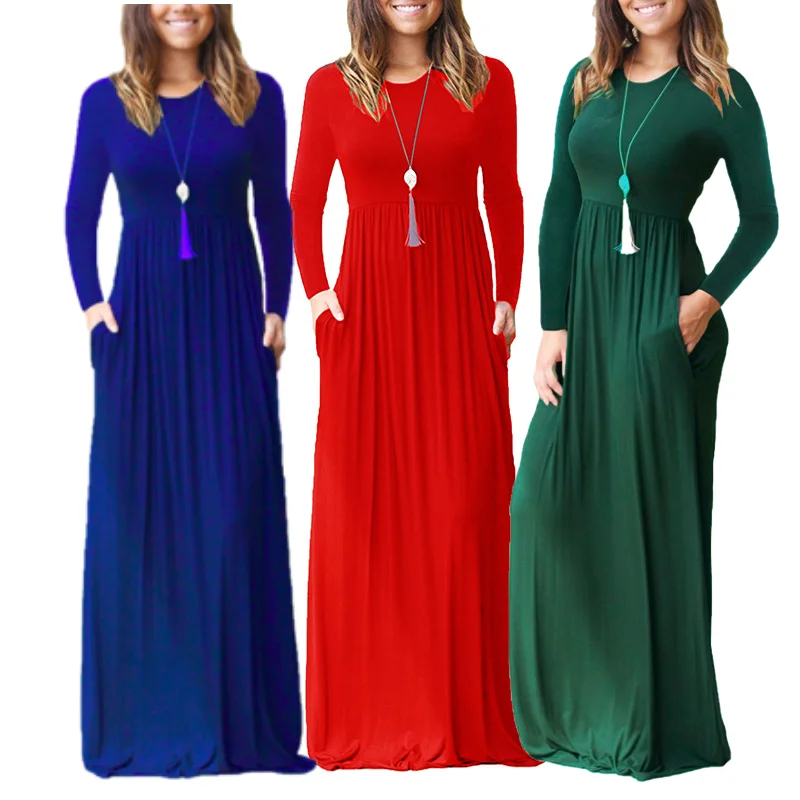

Amazon Spring Summer Elegant ladies casual dresses Noble Solid Color Pocket Long Sleeve Clothes Maxi Dresses Women Wholesale, Picture color