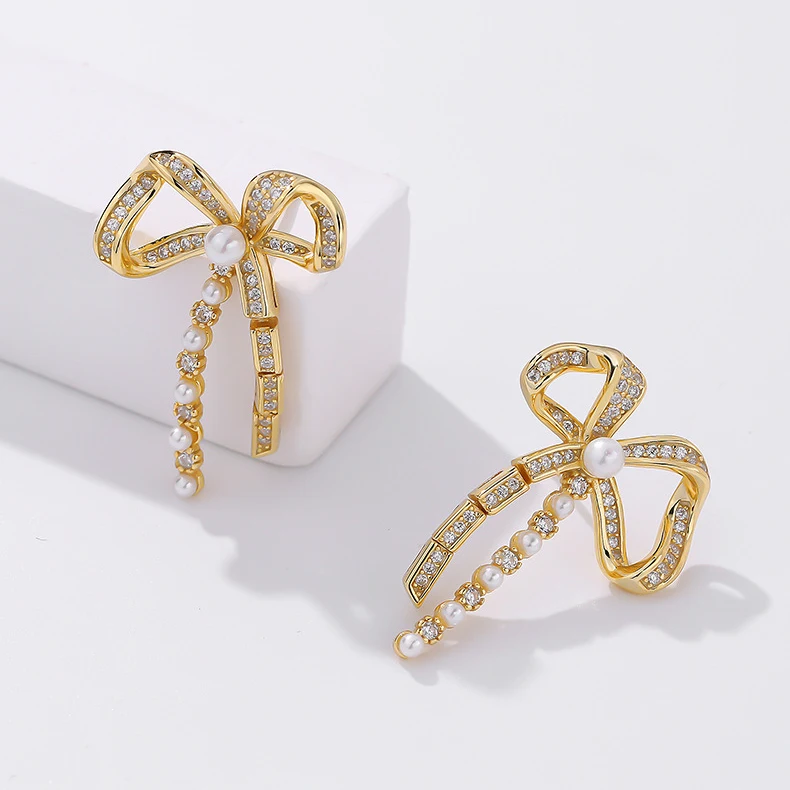 

VIANRLA 925 Sterling Silver Jewelry Bow Knot Earrings Zircon with Pearl 18k Gold Plated Earring For Women Free Laser Logo