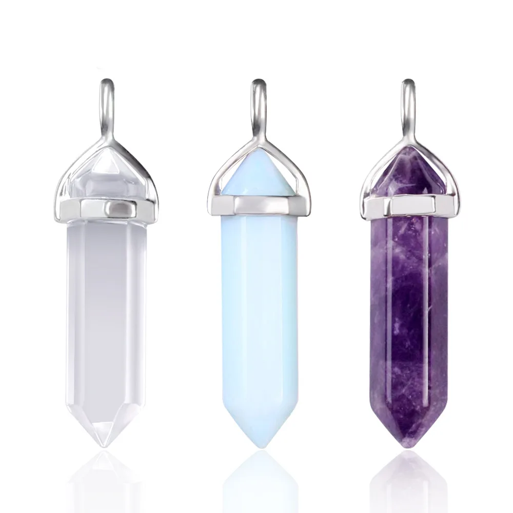 

Factory Wholesale Custom Bullet Shape Gemstone Charms Angel Hexagonal Chakra Crystal Pointed Quartz Pendant For Necklace earring