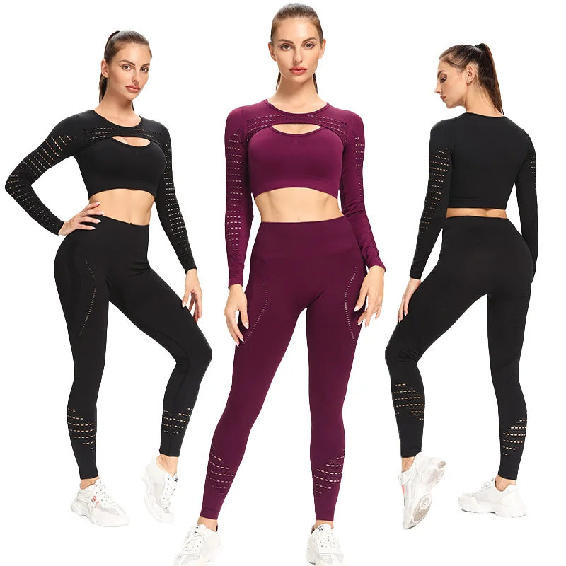 

BZZJO 2021 seamless yoga suit set high waist hip yoga 2 piece women long sleeves tight fast dry breathable sports fitness wear, Shown