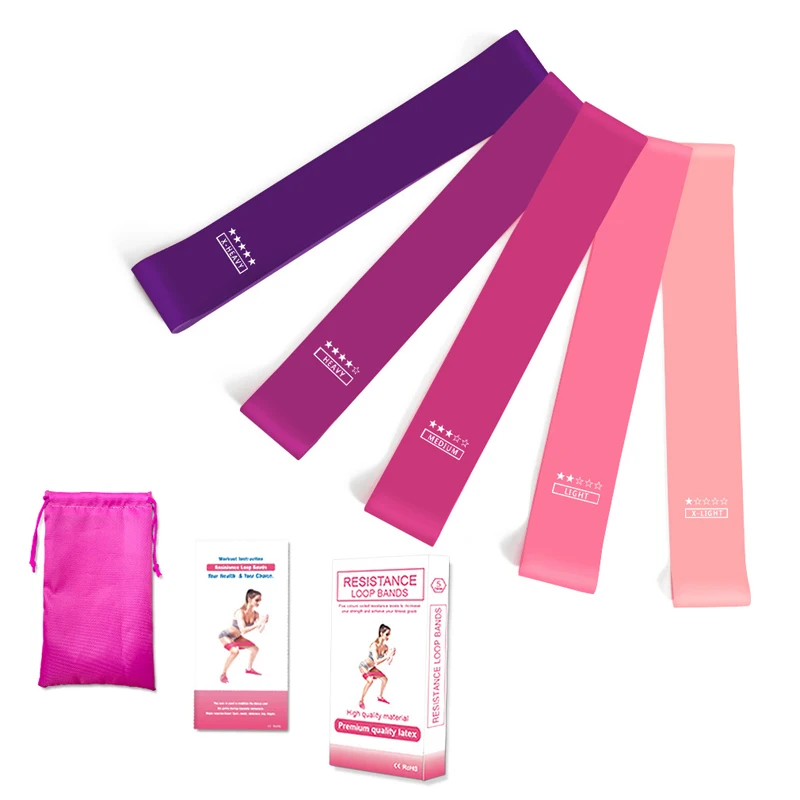 Yiwu Custom Hot Selling Wholesale Eco-friendly Non-slip 5 Level Pink Resistance bands Set for Strength Training, Customized