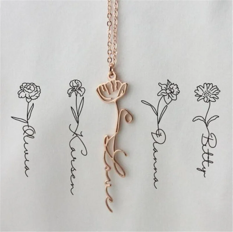 

2021 New Custom Name Necklace Birth Flower Dainty Personalized Minimalist Jewelry Gold Floral Necklace for Women Mom Bridesmaid