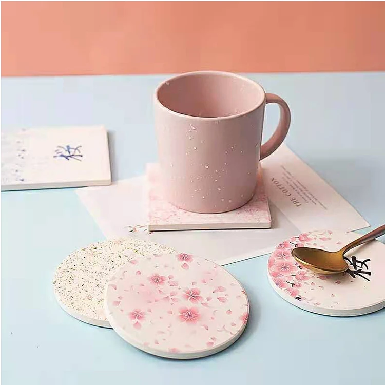 

Japanese Pink Cherry Pattern 10 Pack Pink Ceramic Coasters 4 Inch Round Diy Coaster Ceramic Tiles With Cork Backing Pads, Cmyk