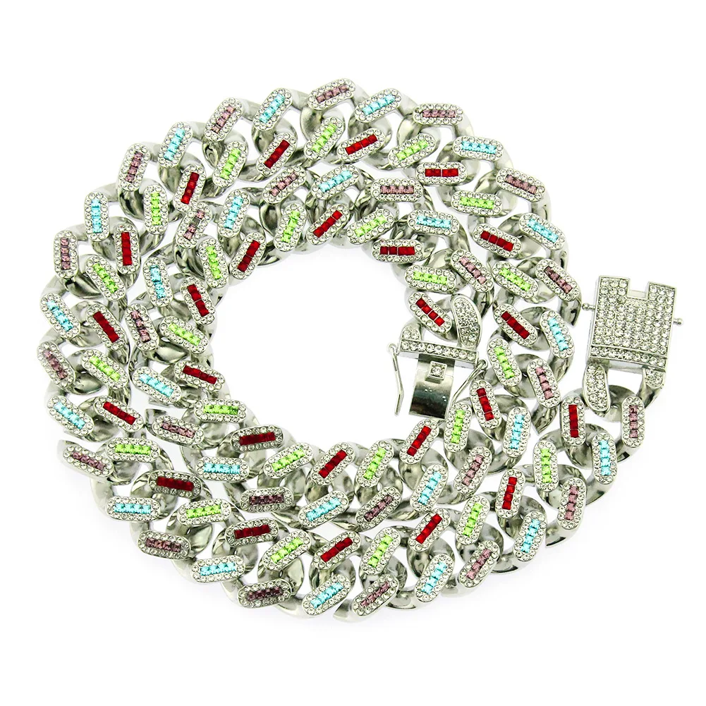 

Silver Plated Colorful Diamond Cuban Chain Necklace Iced Out CZ Multicolor Rhinestone Cuban Link Chain Hip Hops Necklace