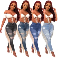 

A080120 night club ripped tassel washed legging women fashion sexy outfits pencil pants jeans for women clothes 2019