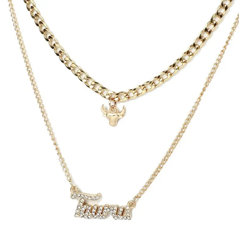 

Gold plated double layered diamond letter zodiac sign cuban link chain necklace
