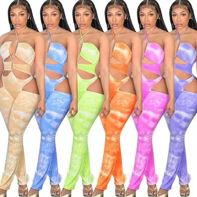 

2021 New Arrivals Women Sleeveless Halter Bandage Jumpsuit Ladies Tie Dye One Piece Bodysuits For Women Print Hollow Out Romper