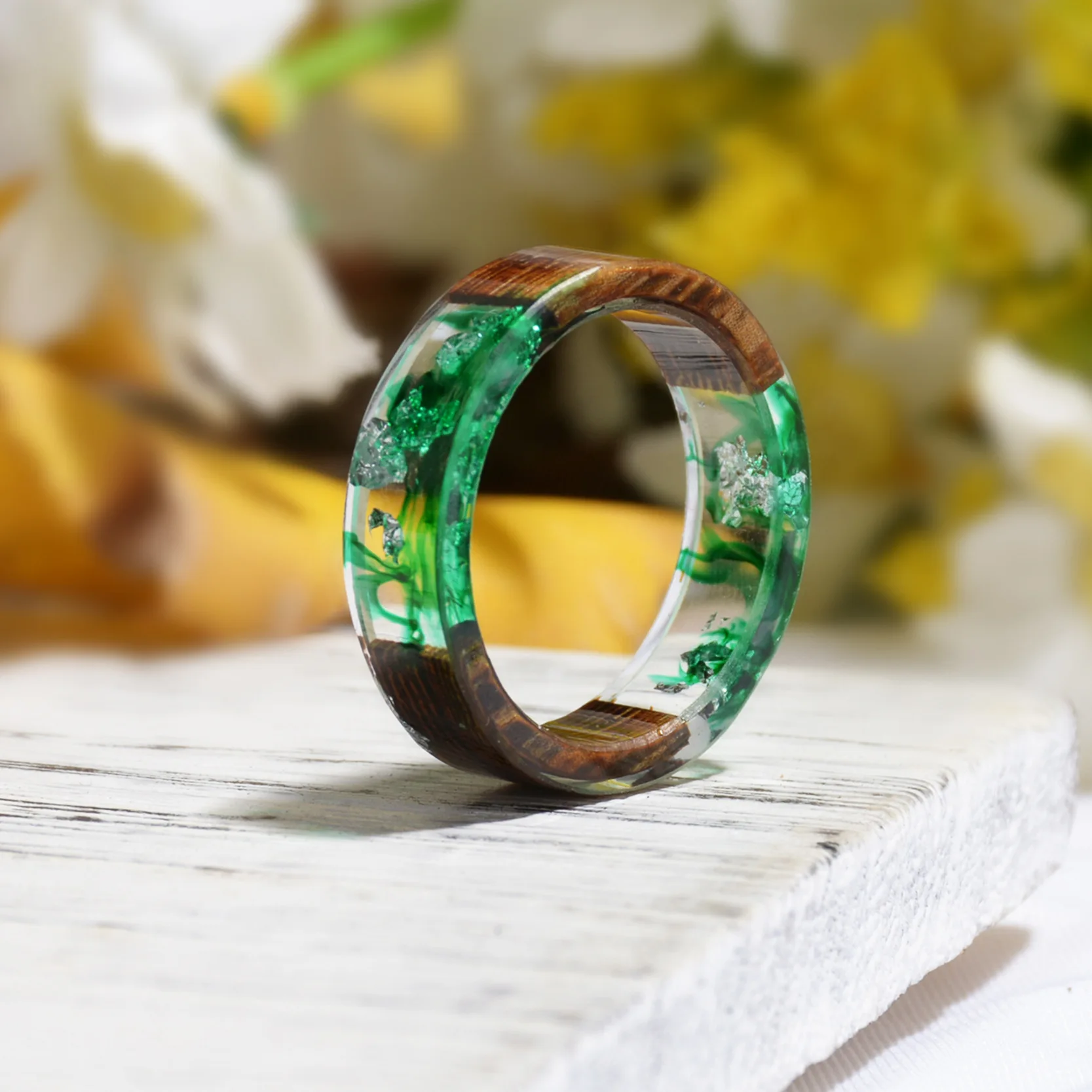 

Transparent Epoxy Resin Jewelry Women Handmade Dried Flower Wood Resin Ring, As pic