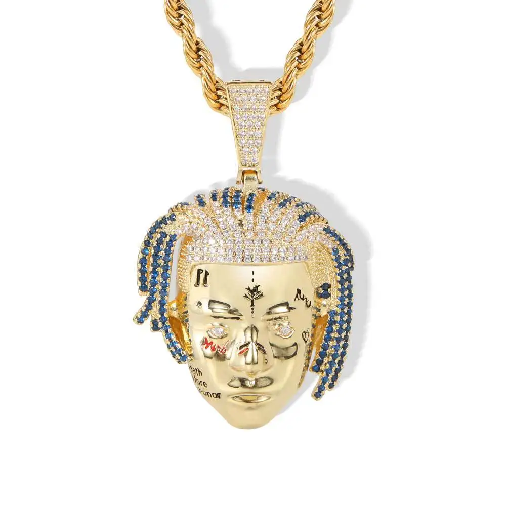 

Hip Hop Rock Charm Pendant Necklace Iced Out Bling CZ Famous Rapper xxxtentacion Avatar Pendant Necklace, Gold,white gold