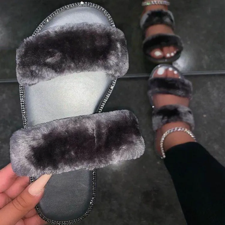 

New women spring plush slippers flat bottom antiskid indoor sandals outdoor leisure Women's Plush Slippers, Black, gray, pink, beige