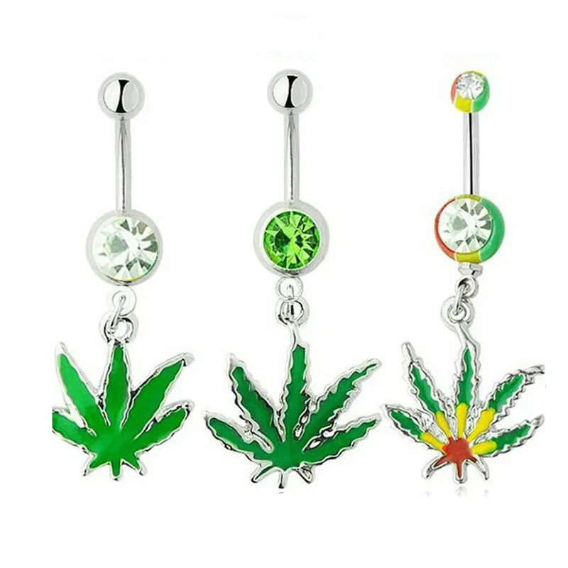 

BBR-035 Belly Button Ring Piercing Sexy Enamel Green Maple Leaf Navel Belly Ring