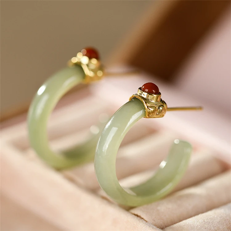 

S925 sterling silver inlaid Hetian jade safety buckle ring ear studs for women AP2