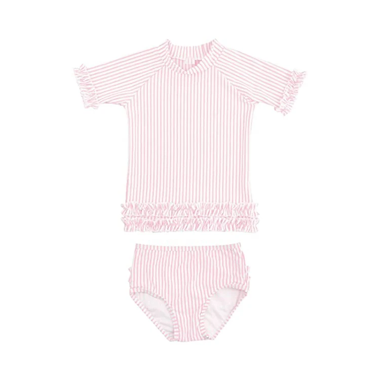 

Rash Guard Short Sleeve 2-Piece Ruffle Swimsuit Set Stripe Little Girls Swimwear With UPF 50+ Sun Protection, Provide color chart