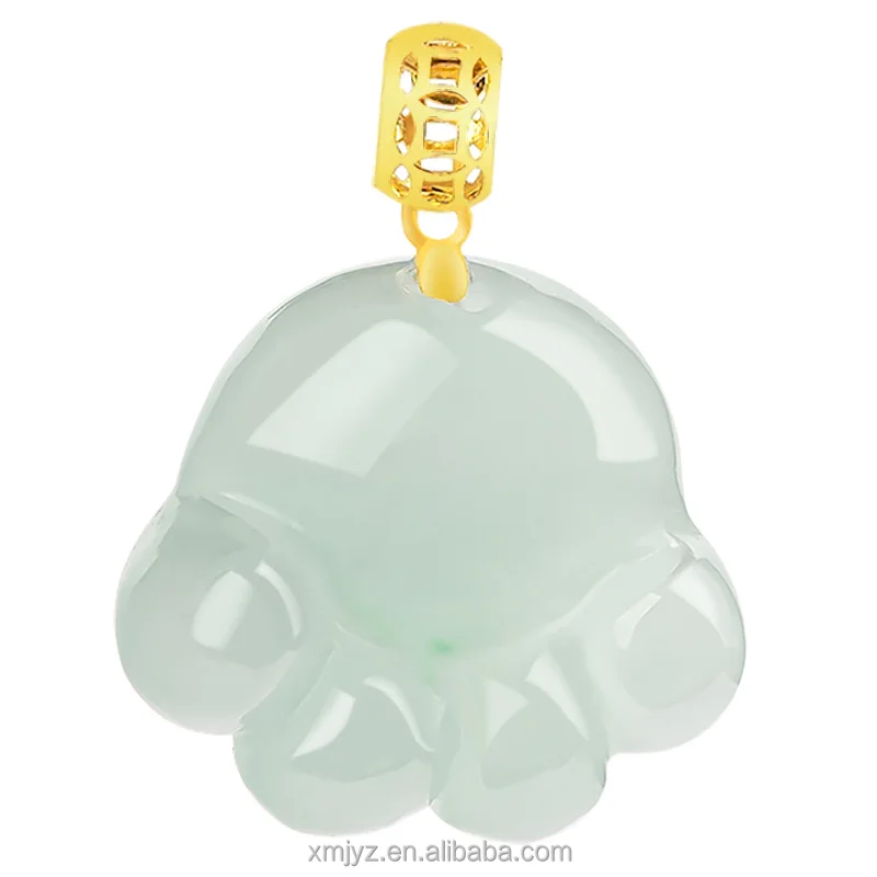 

Certified Grade A Natural Myanmar Jadeite Lucky Cat's Paw Pendant Cute Fashion 18K Gold Buckle Ice Jade Pendant For Women