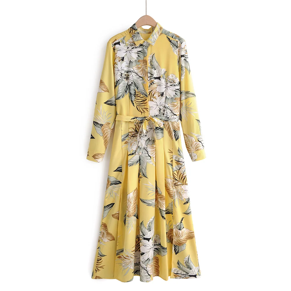 

Yellow color turn down collar long sleeve flower printed maxi casual dresses women wholesale clothing