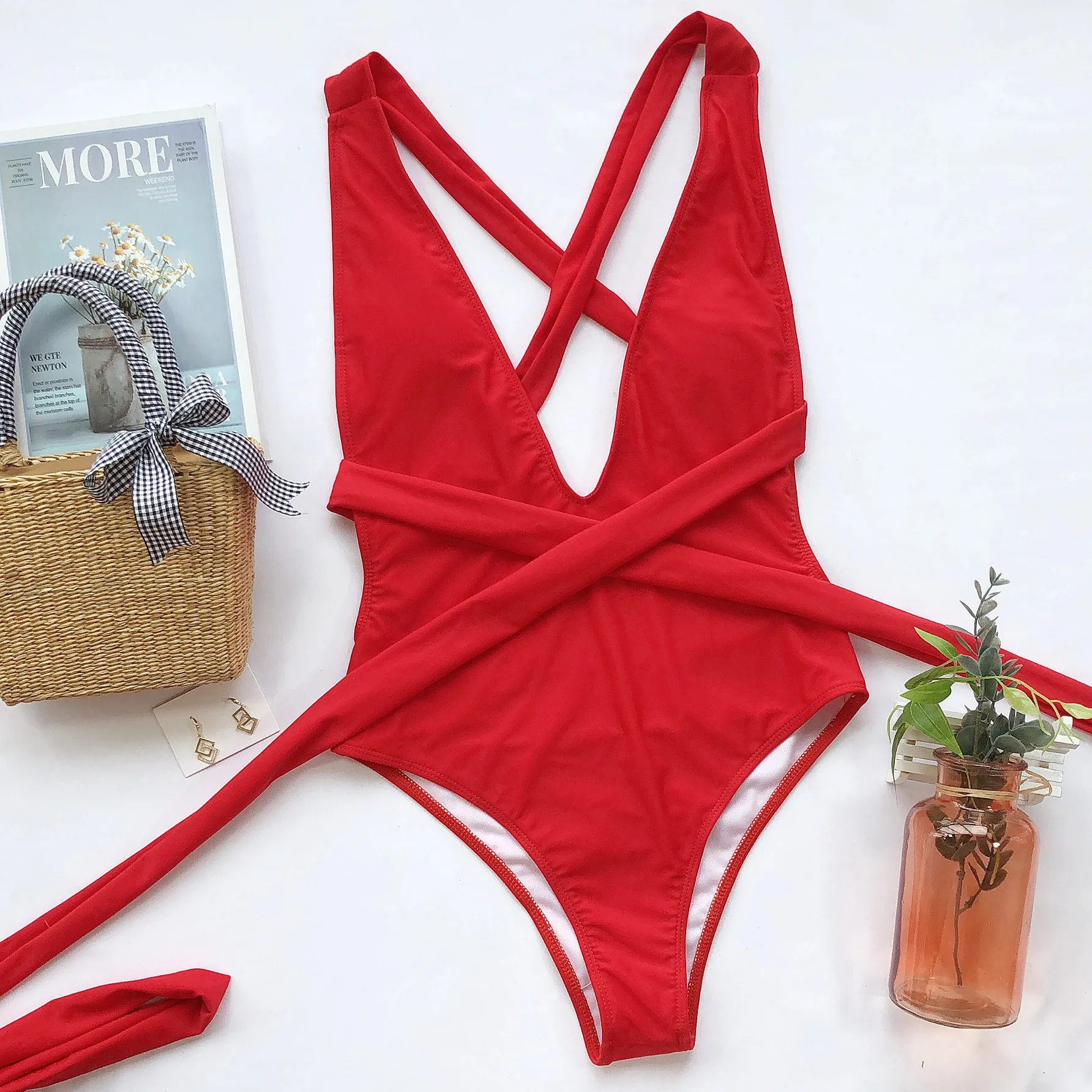 

2021 New Arrivals Self Tie Plunging Women Swimsuit Swimwear One Piece Woman Sexy Pink Swimsuits For Women