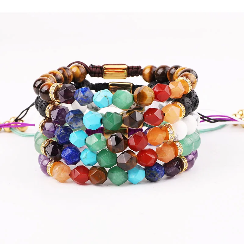 

Hot Selling Colorful 7 Chakra Natural Stone Bracelet Yoga Healing Energy Stone CZ Charms Custom Logo Macrame Bracelet