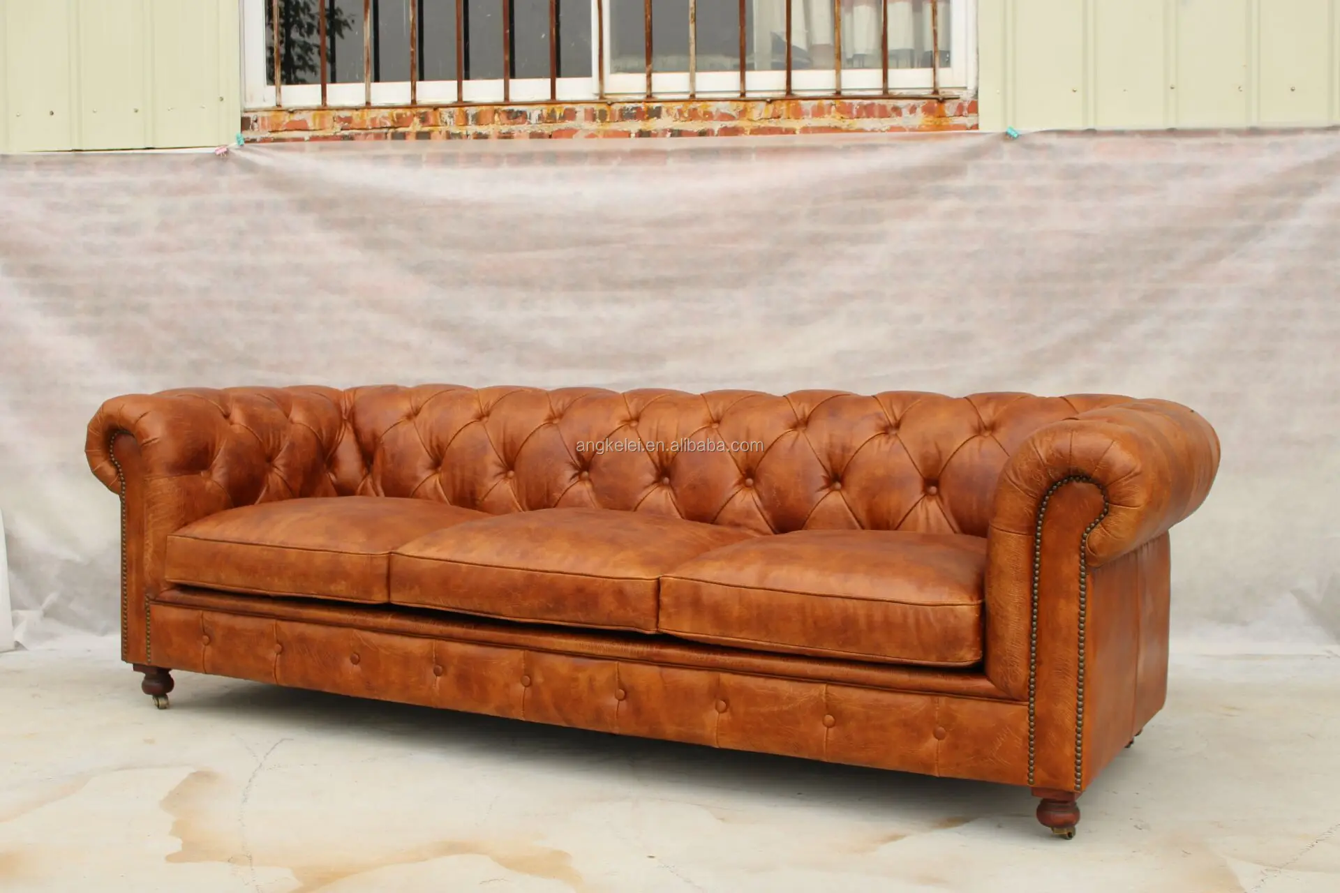 Vintage Leather Sofa Full Genuine Leather Chesterfield Tufted