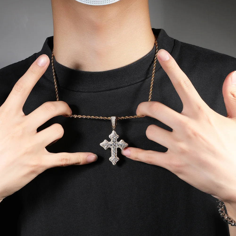 

Hip hop diamond retro zircon gold silver Cross gold square heavy enamel tube necklace set