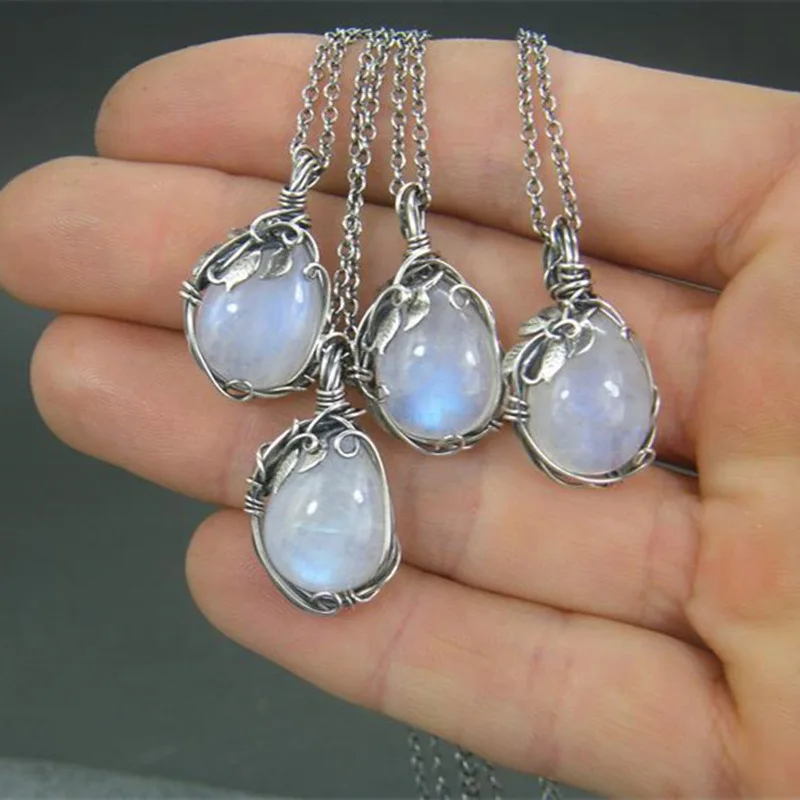 

Personalized Vintage Wire Wrapped Waterdrop Shape Necklaces Moonstone Hecatolite Stone Pendant Necklaces, Picture shows