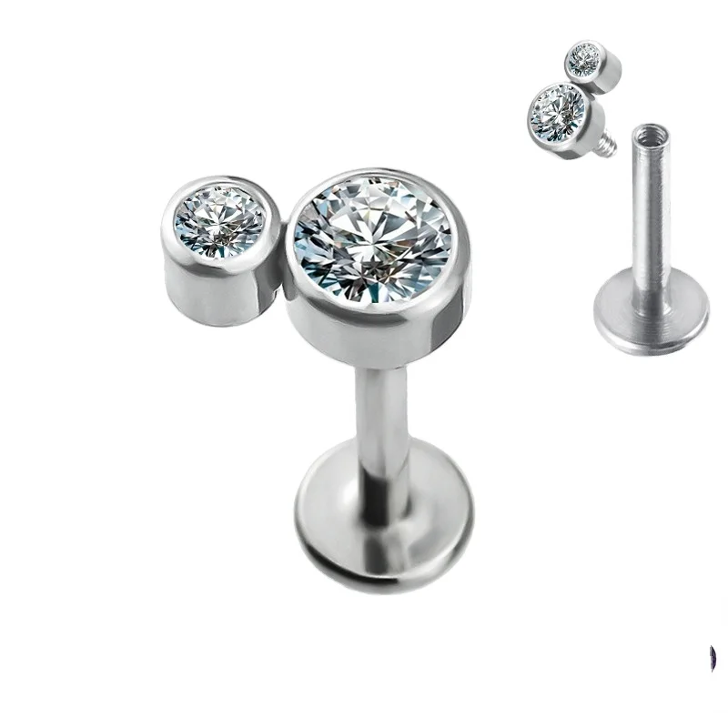 ASTM F136 Titanium Body Piercing Internally Threaded Bezel Set 2-CZ Stone Clearuster Top Hot Sale Jewelry Labret