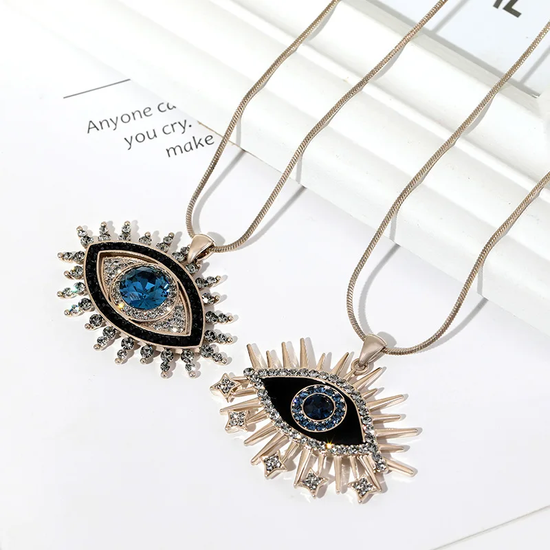 

Vintage Crystal Evil Eye Pendant Simple Fashion Sweater Chain Long Stainless Steel Colorfast Necklace