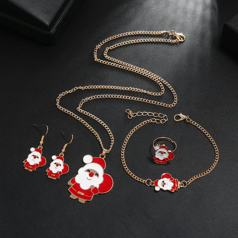 

European and American Christmas And Earrings Necklace Set Cute Santa Claus Dropping Oil Ring Earrings Bracelet Combination Set