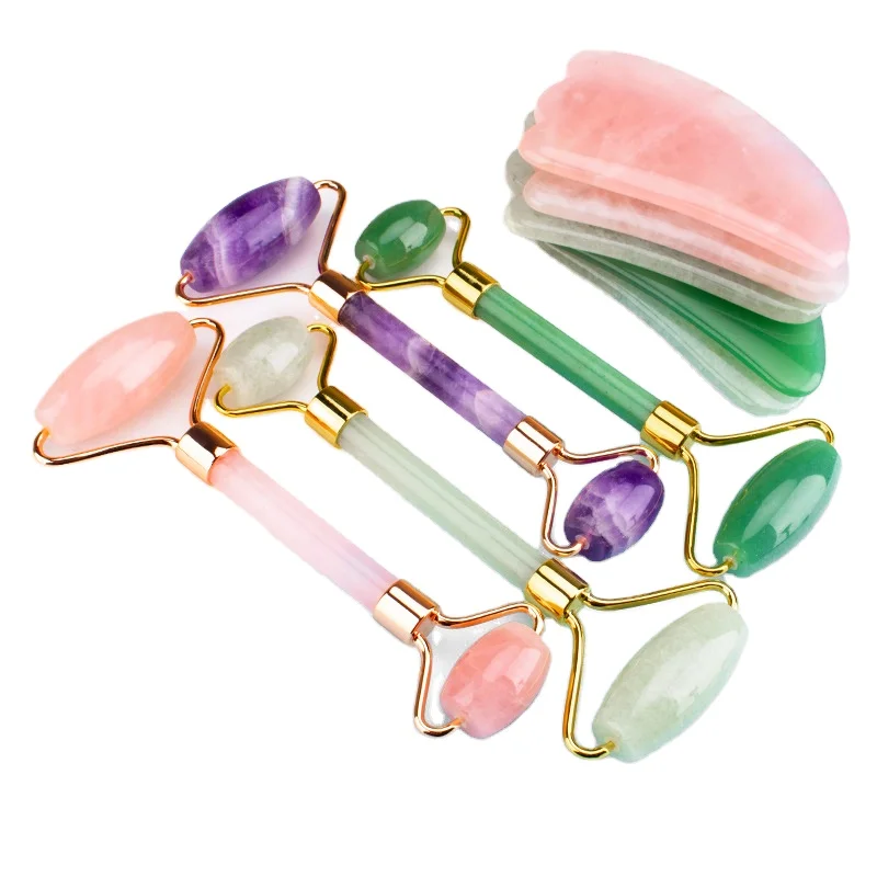 

Handle Held Slim Double Chin Rose Quartz Facial Massage Natural Pink Gua Sha Jade Roller Set, Pink rose quartz