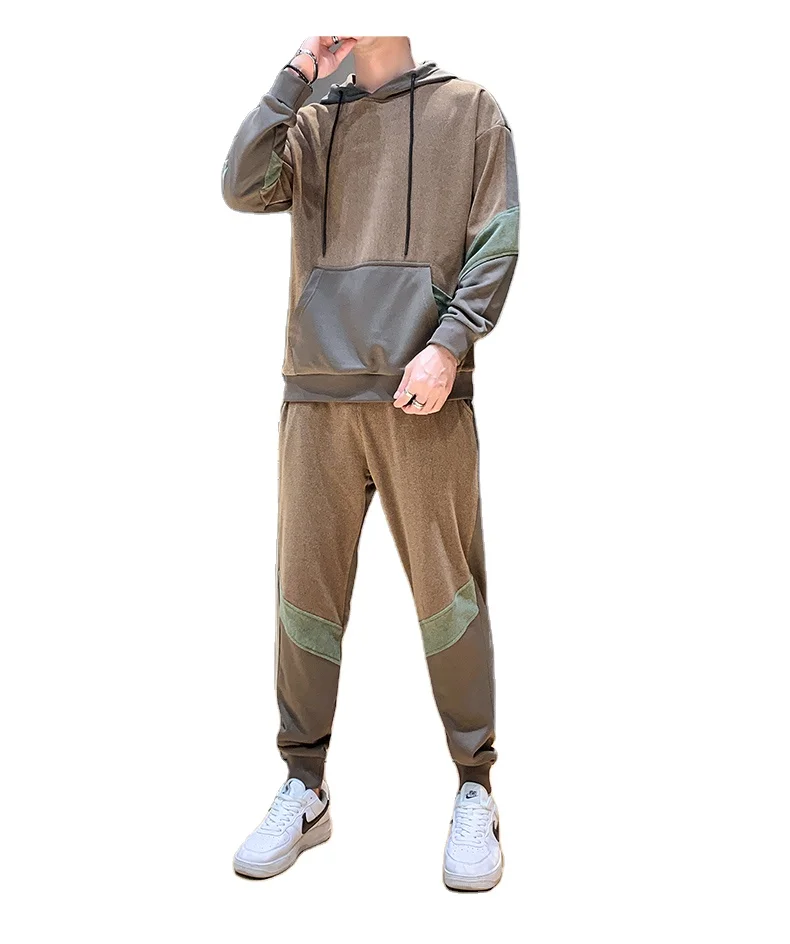 

Autumn new men's hooded pullover sweater and foot pants suit multicolor stitching clothes