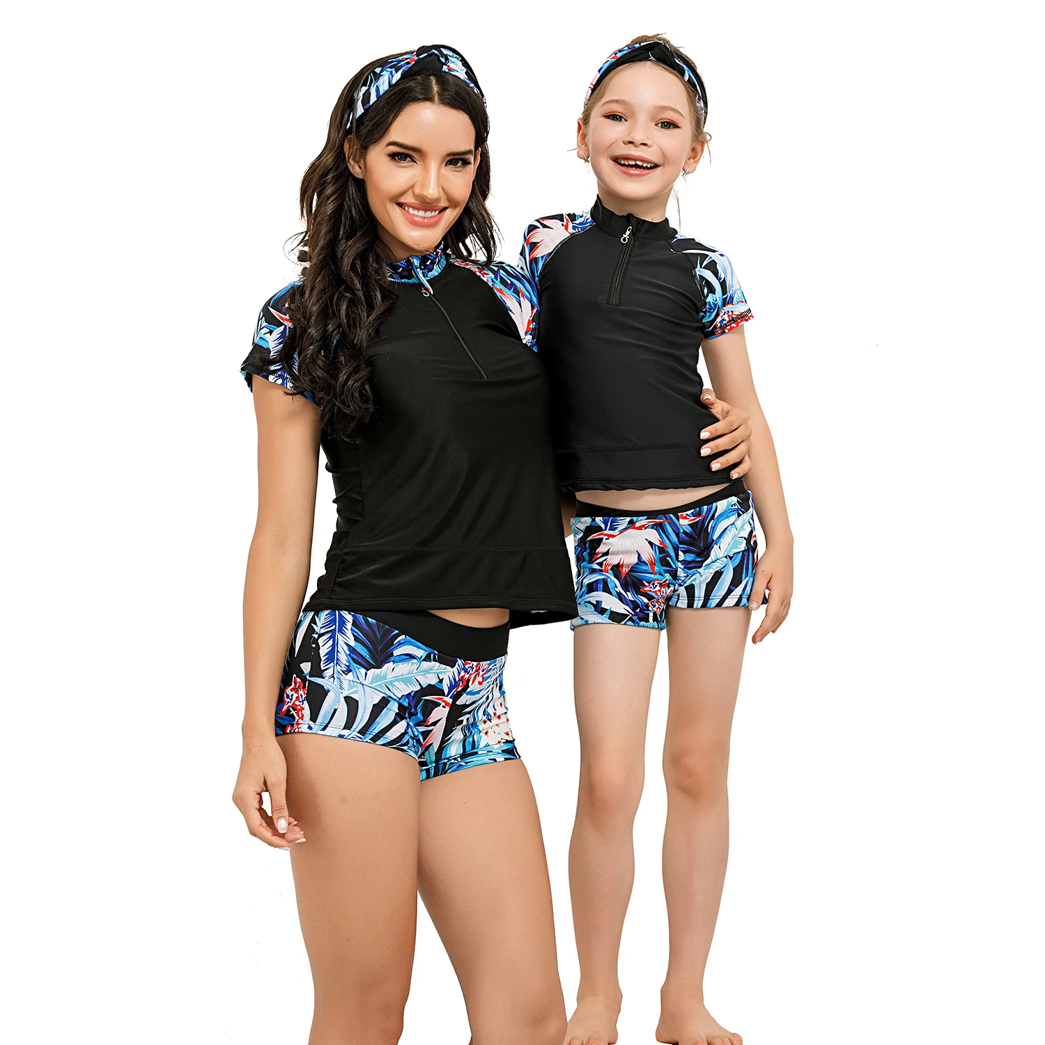 

Wholesale Zipper Headband Short Sleeve Swimwear Wrap Tropical Leaves Bathing Suits Mummy and Me Rash Guard For Diving